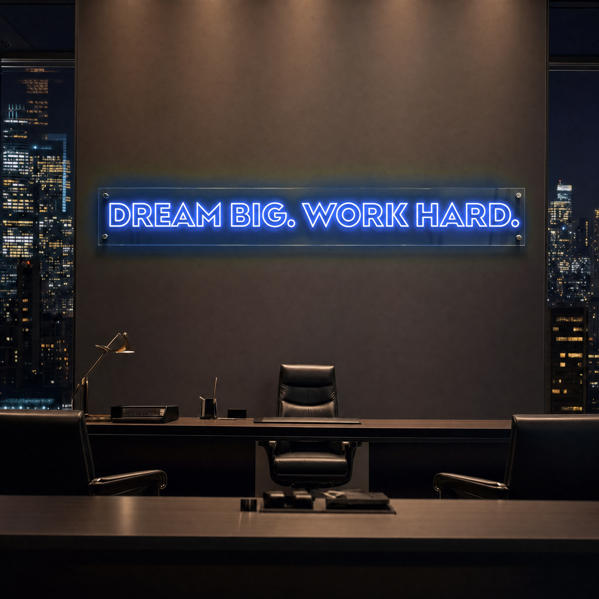 Neon Schild DREAM BIG. WORK HARD. – PowerLED Leuchtreklame mit Dimmer & Fernbedienung