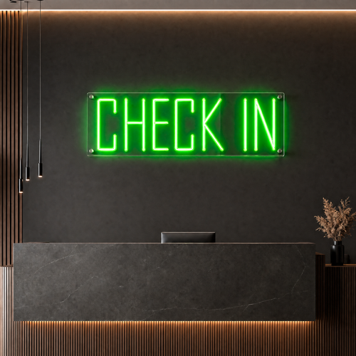 Neon Schild CHECK IN – PowerLED Leuchtreklame mit Dimmer & Fernbedienung
