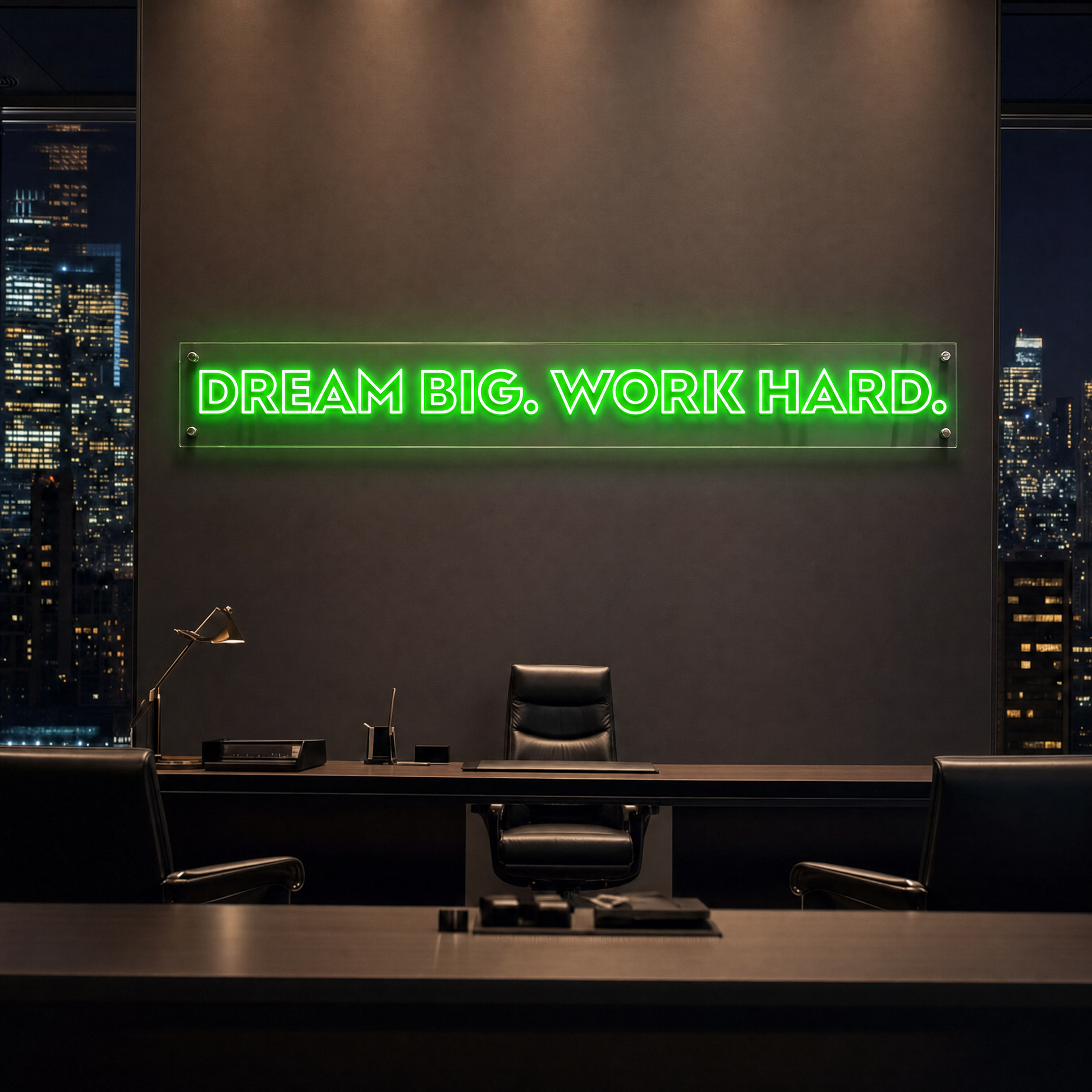 Neon Schild DREAM BIG. WORK HARD. – PowerLED Leuchtreklame mit Dimmer & Fernbedienung