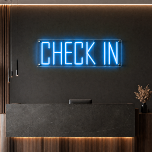 Neon Schild CHECK IN – PowerLED Leuchtreklame mit Dimmer & Fernbedienung