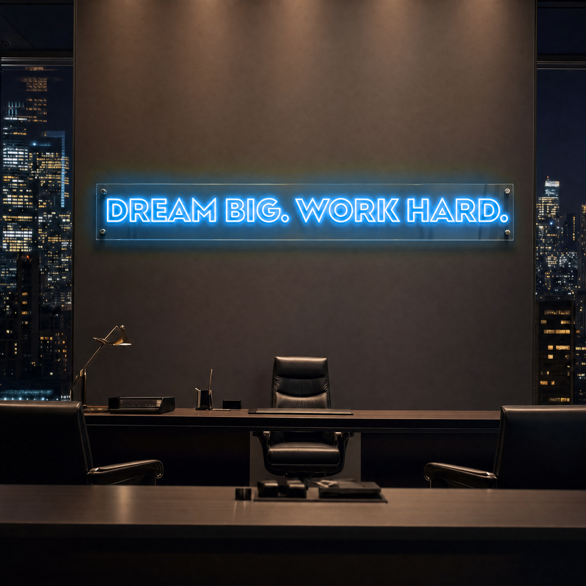 Neon Schild DREAM BIG. WORK HARD. – PowerLED Leuchtreklame mit Dimmer & Fernbedienung
