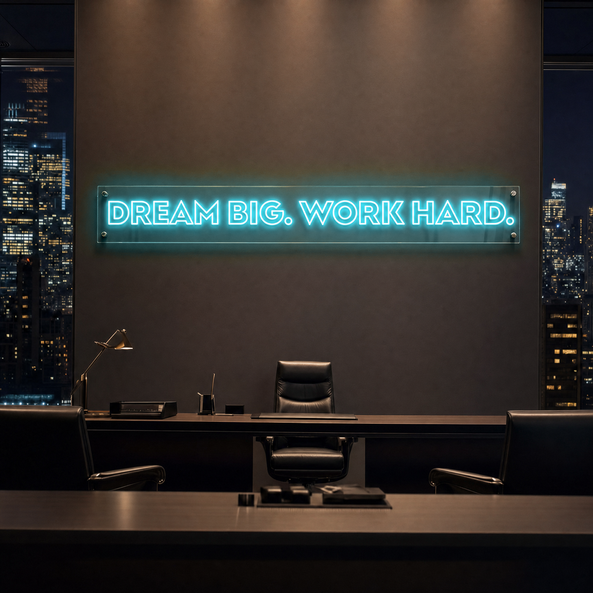 Neon Schild DREAM BIG. WORK HARD. – PowerLED Leuchtreklame mit Dimmer & Fernbedienung