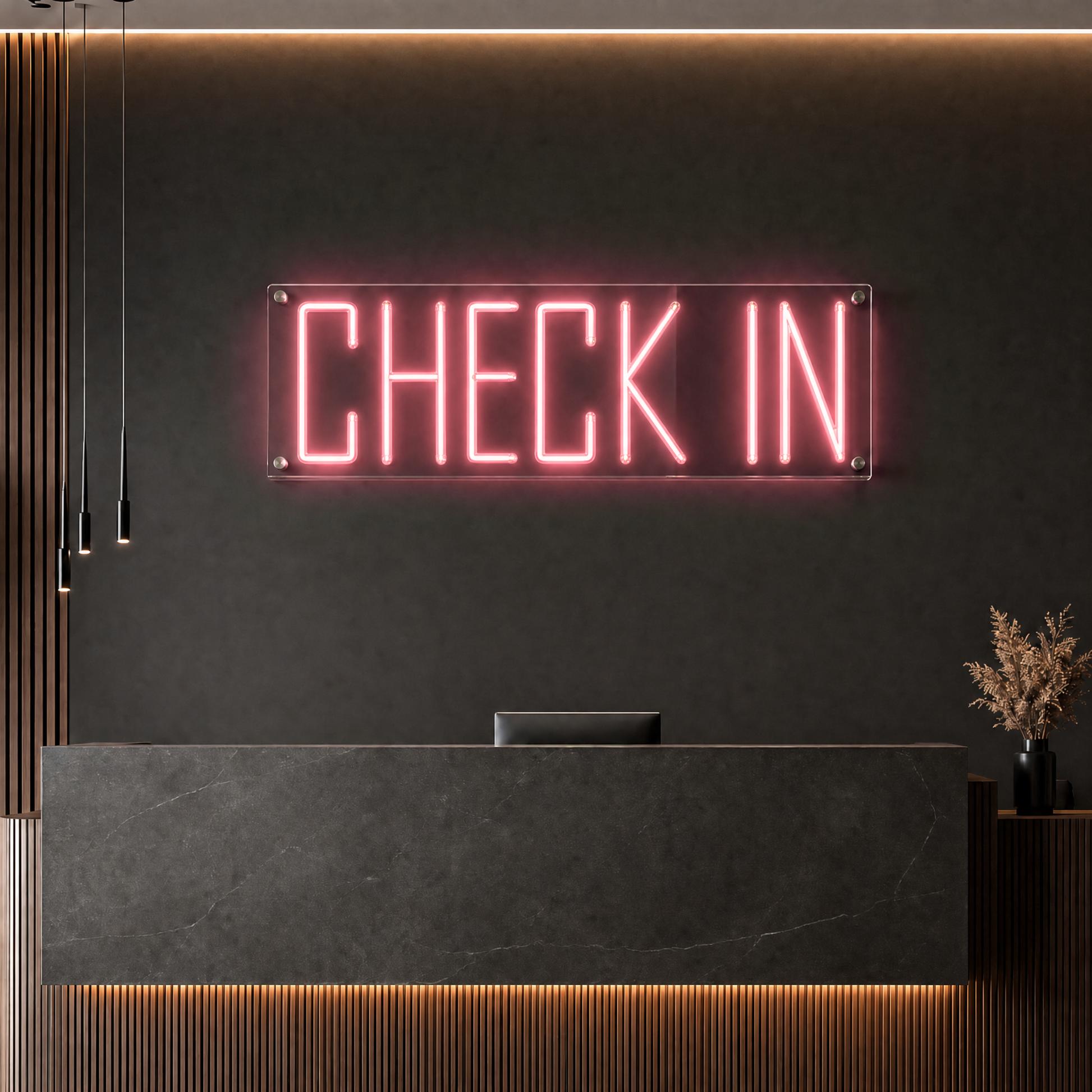 Neon Schild CHECK IN – PowerLED Leuchtreklame mit Dimmer & Fernbedienung
