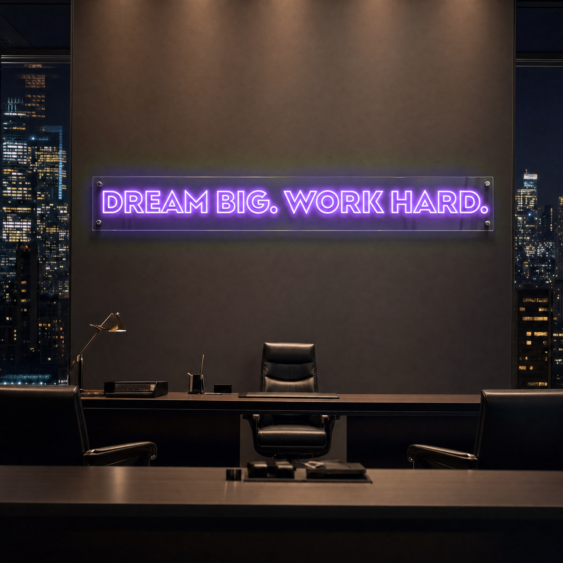 Neon Schild DREAM BIG. WORK HARD. – PowerLED Leuchtreklame mit Dimmer & Fernbedienung