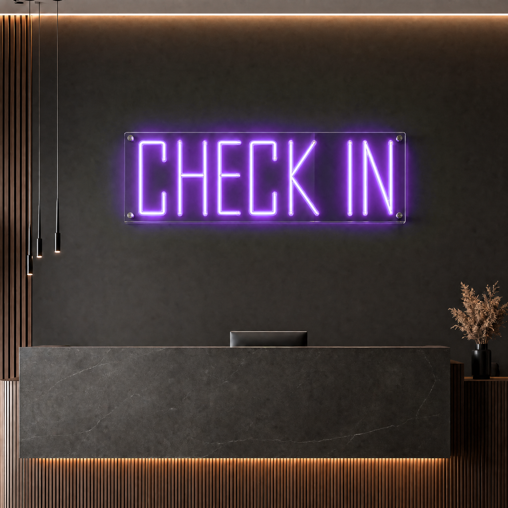 Neon Schild CHECK IN – PowerLED Leuchtreklame mit Dimmer & Fernbedienung
