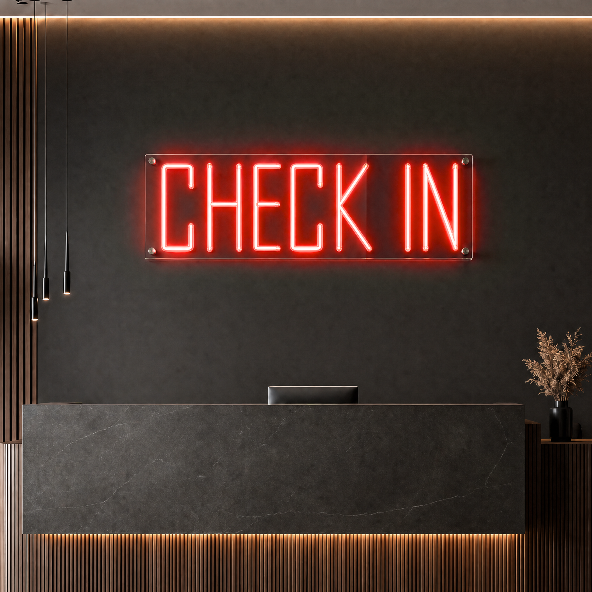 Neon Schild CHECK IN – PowerLED Leuchtreklame mit Dimmer & Fernbedienung