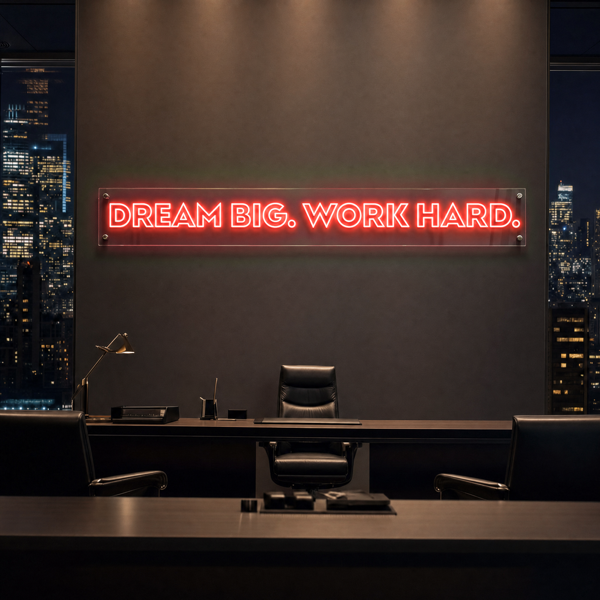 Neon Schild DREAM BIG. WORK HARD. – PowerLED Leuchtreklame mit Dimmer & Fernbedienung