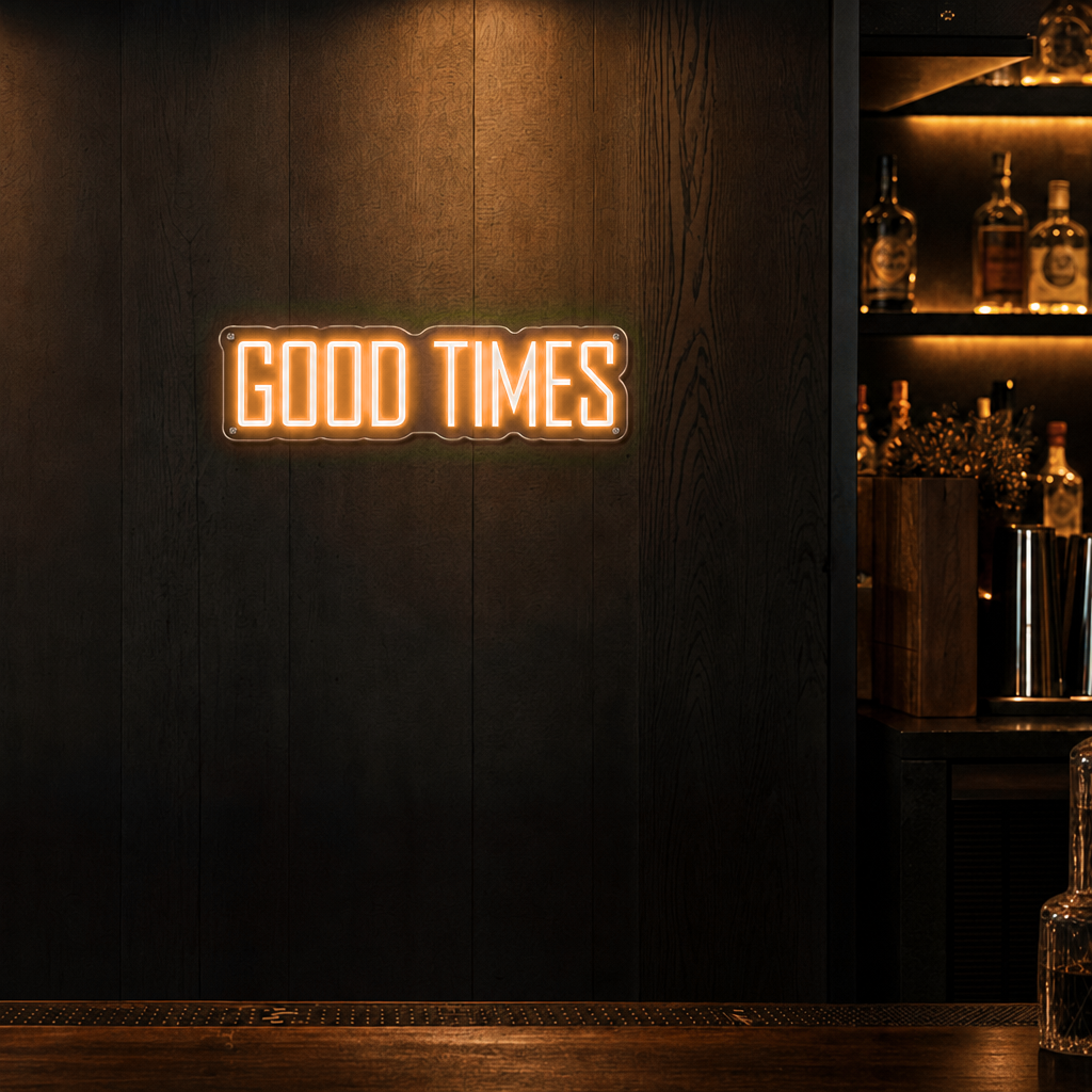 Neon Schild GOOD TIMES – PowerLED Leuchtreklame mit Dimmer & Fernbedienung