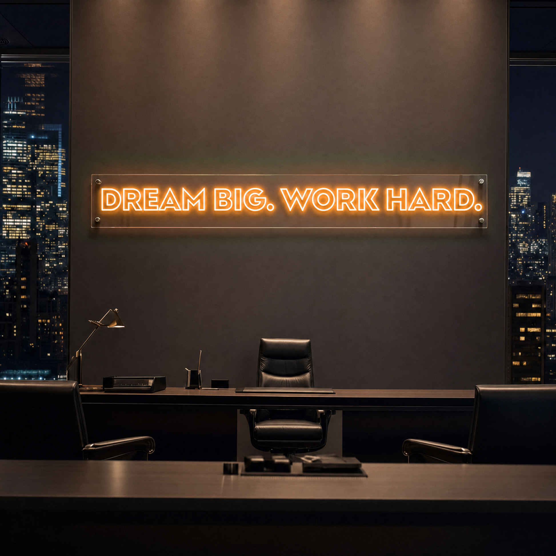 Neon Schild DREAM BIG. WORK HARD. – PowerLED Leuchtreklame mit Dimmer & Fernbedienung
