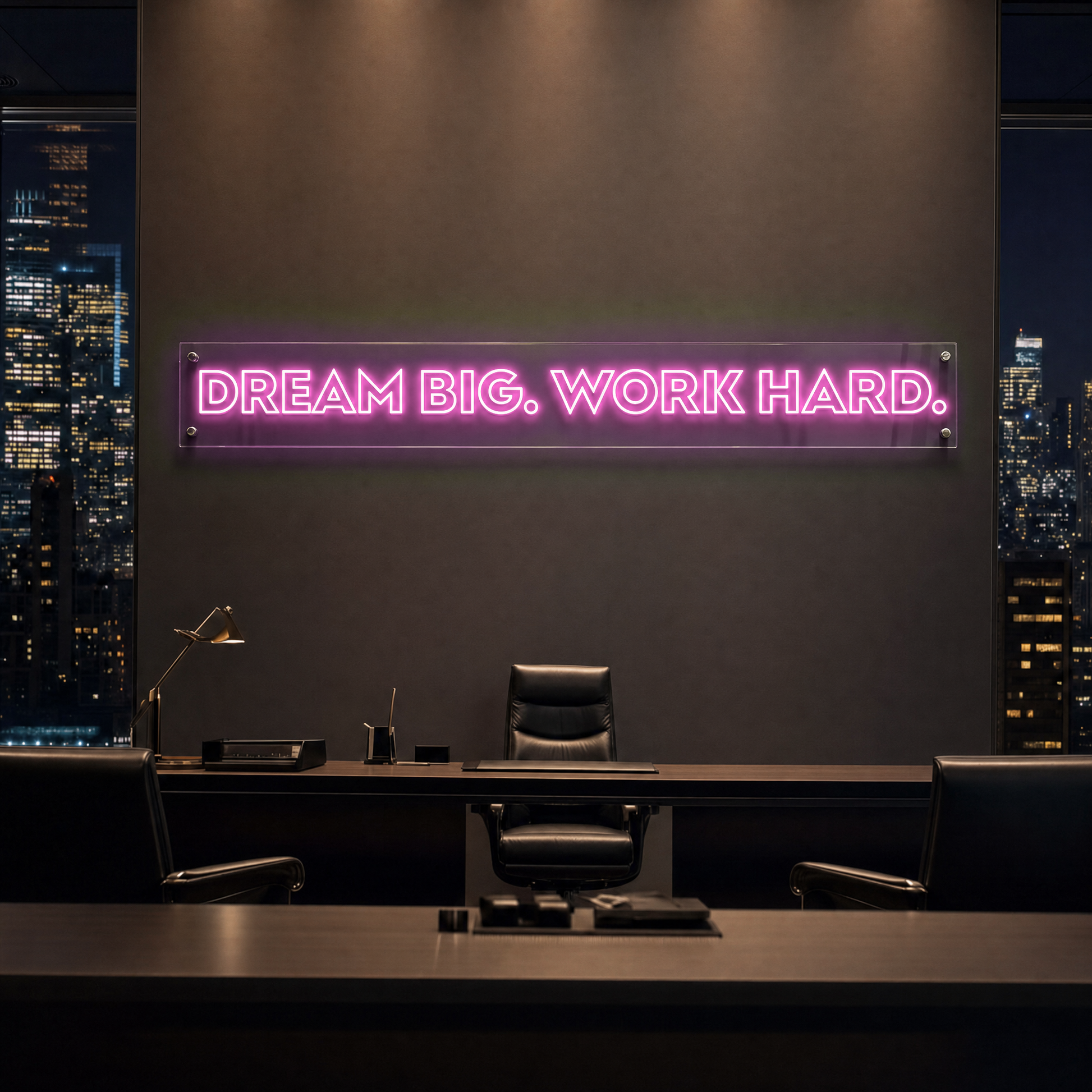 Neon Schild DREAM BIG. WORK HARD. – PowerLED Leuchtreklame mit Dimmer & Fernbedienung