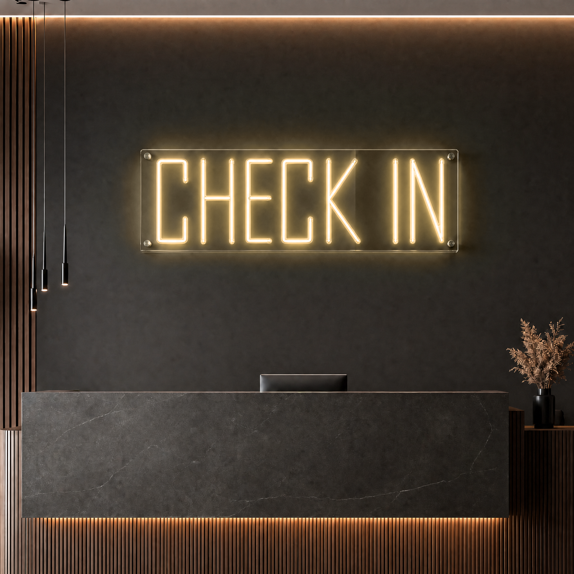 Neon Schild CHECK IN – PowerLED Leuchtreklame mit Dimmer & Fernbedienung