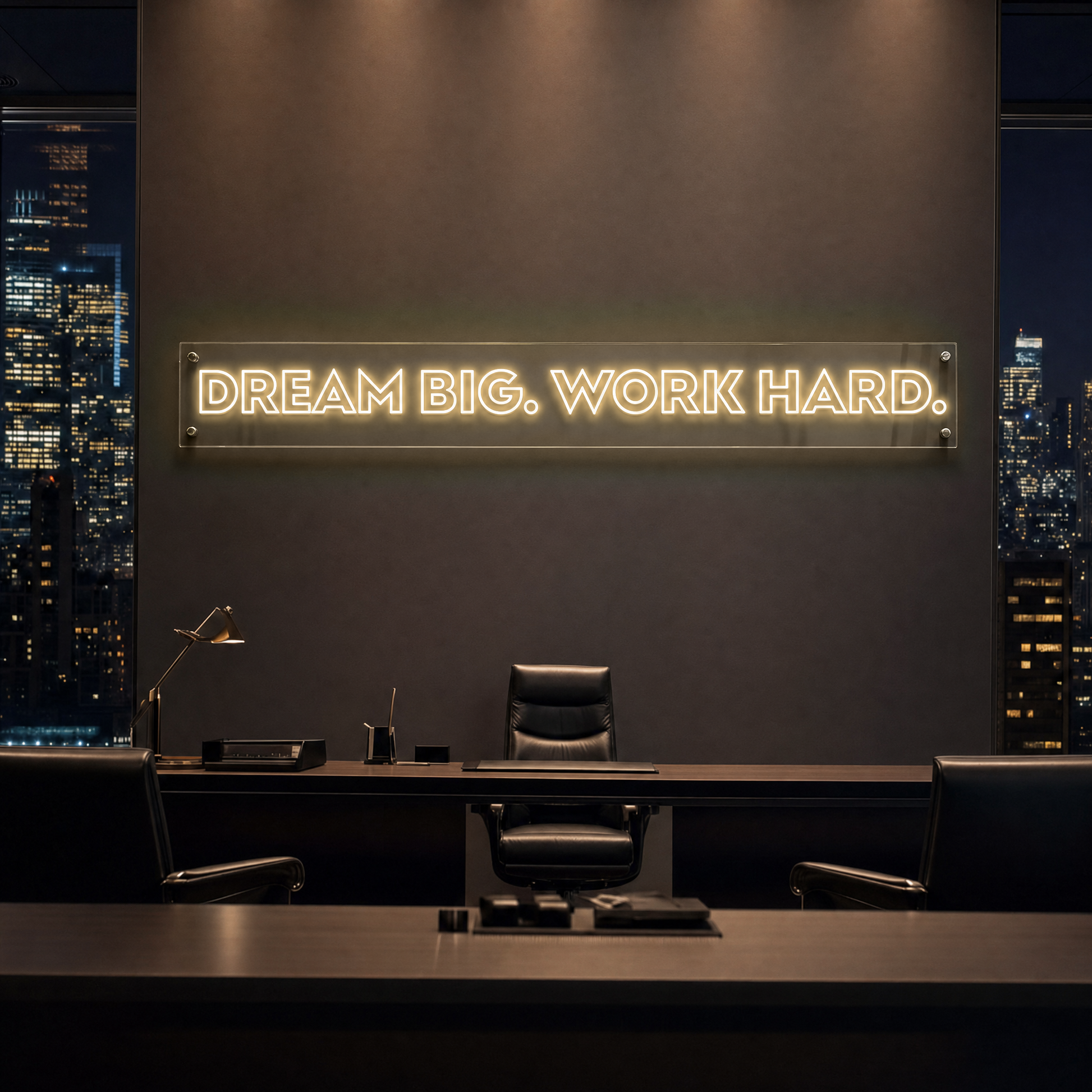 Neon Schild DREAM BIG. WORK HARD. – PowerLED Leuchtreklame mit Dimmer & Fernbedienung