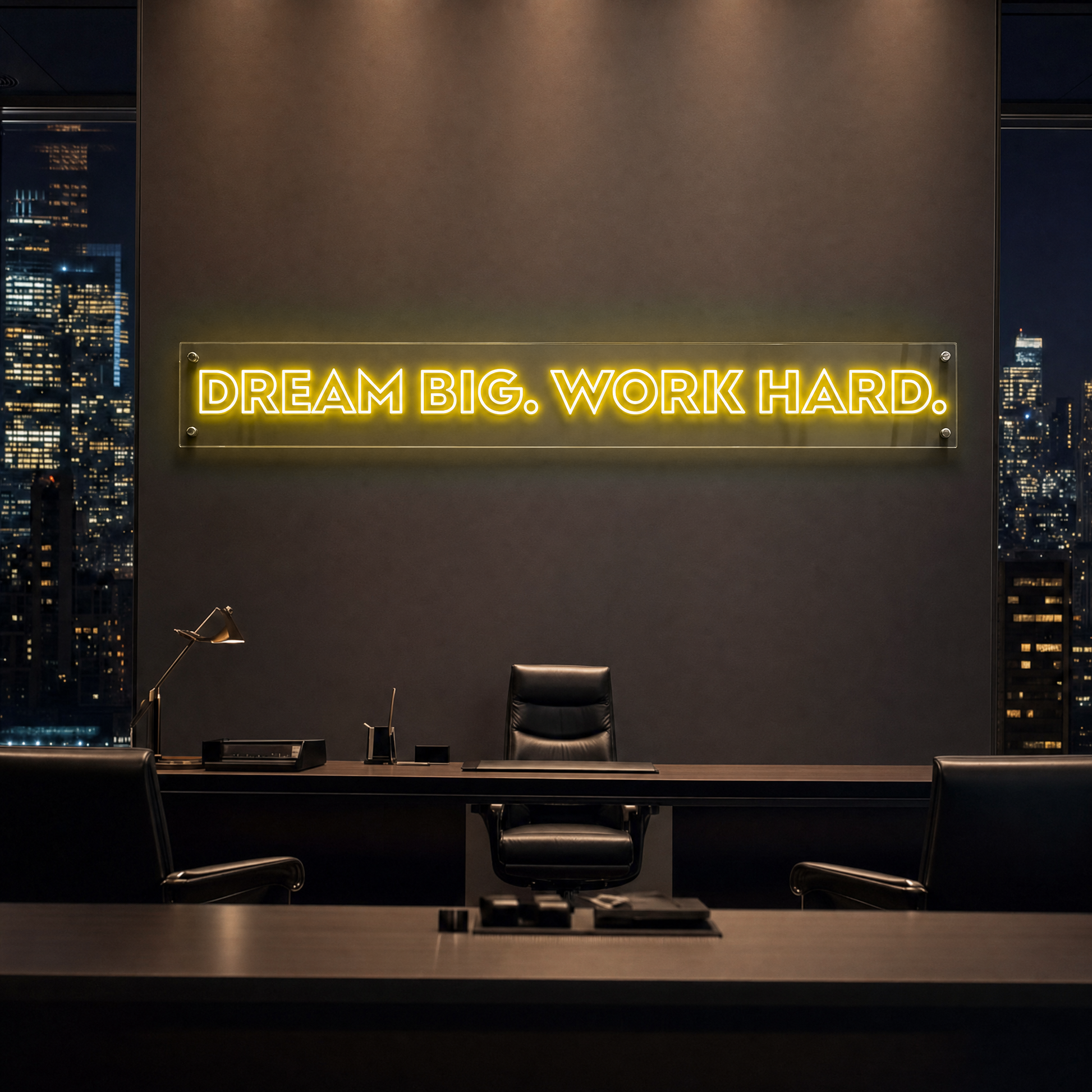 Neon Schild DREAM BIG. WORK HARD. – PowerLED Leuchtreklame mit Dimmer & Fernbedienung