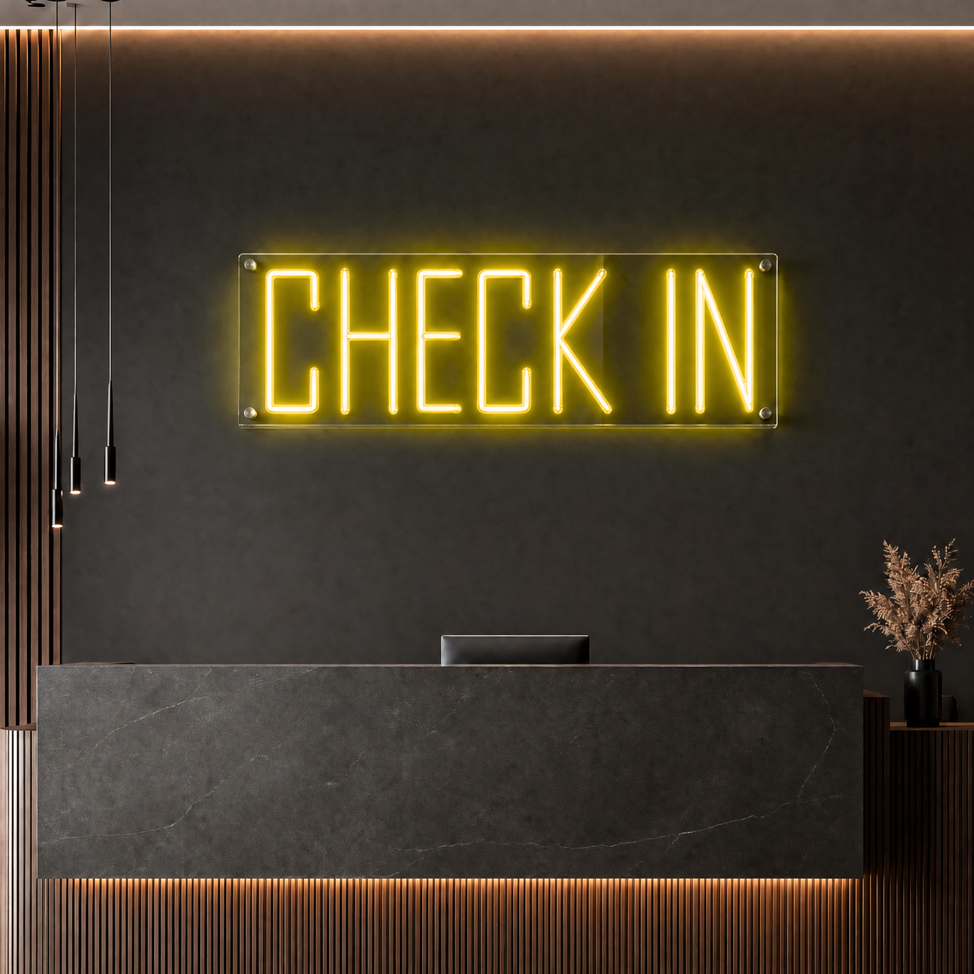 Neon Schild CHECK IN – PowerLED Leuchtreklame mit Dimmer & Fernbedienung